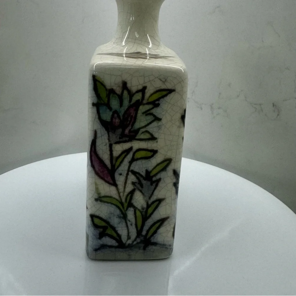 Pottery Barn Ikat Crackled Flower Vase Floral Birds Deer